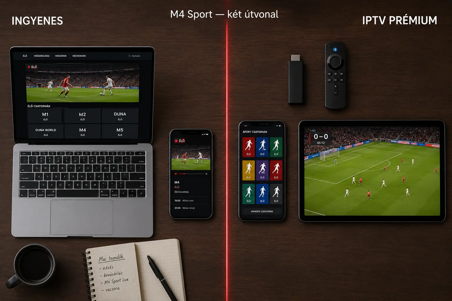 M4 Sport online TV devices — free Mediaklikk browser and independent IPTV streaming compared on Smart TV, Fire TV and mobile