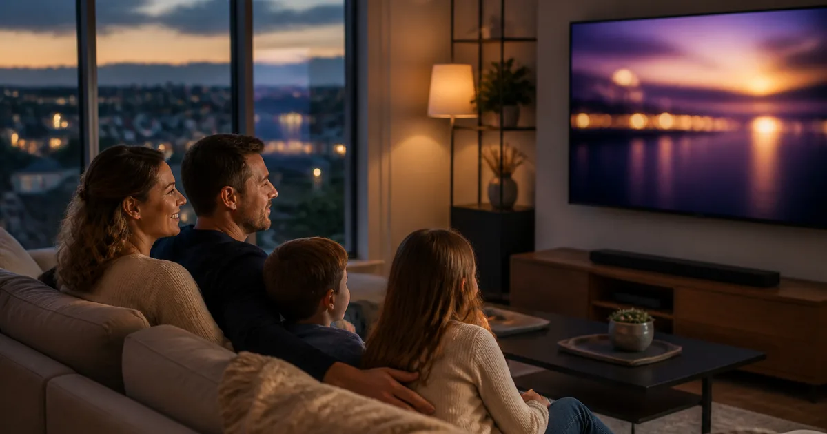 Hungarian IPTV USA – Hungarian family watching live Hungarian TV on a Smart TV in a New York home