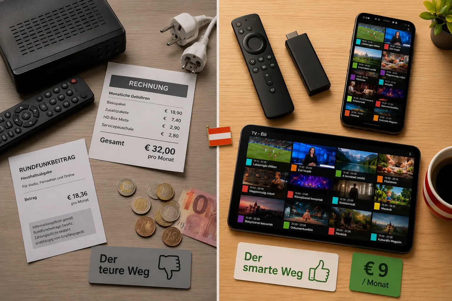 Hungarian TV in Austria comparison – the costly way (cable set-top box, €32 invoice, ORF-Beitrag letter, euro coins) versus the smart way (Fire TV Stick, smartphone and tablet with an IPTV channel grid, a €9 card)