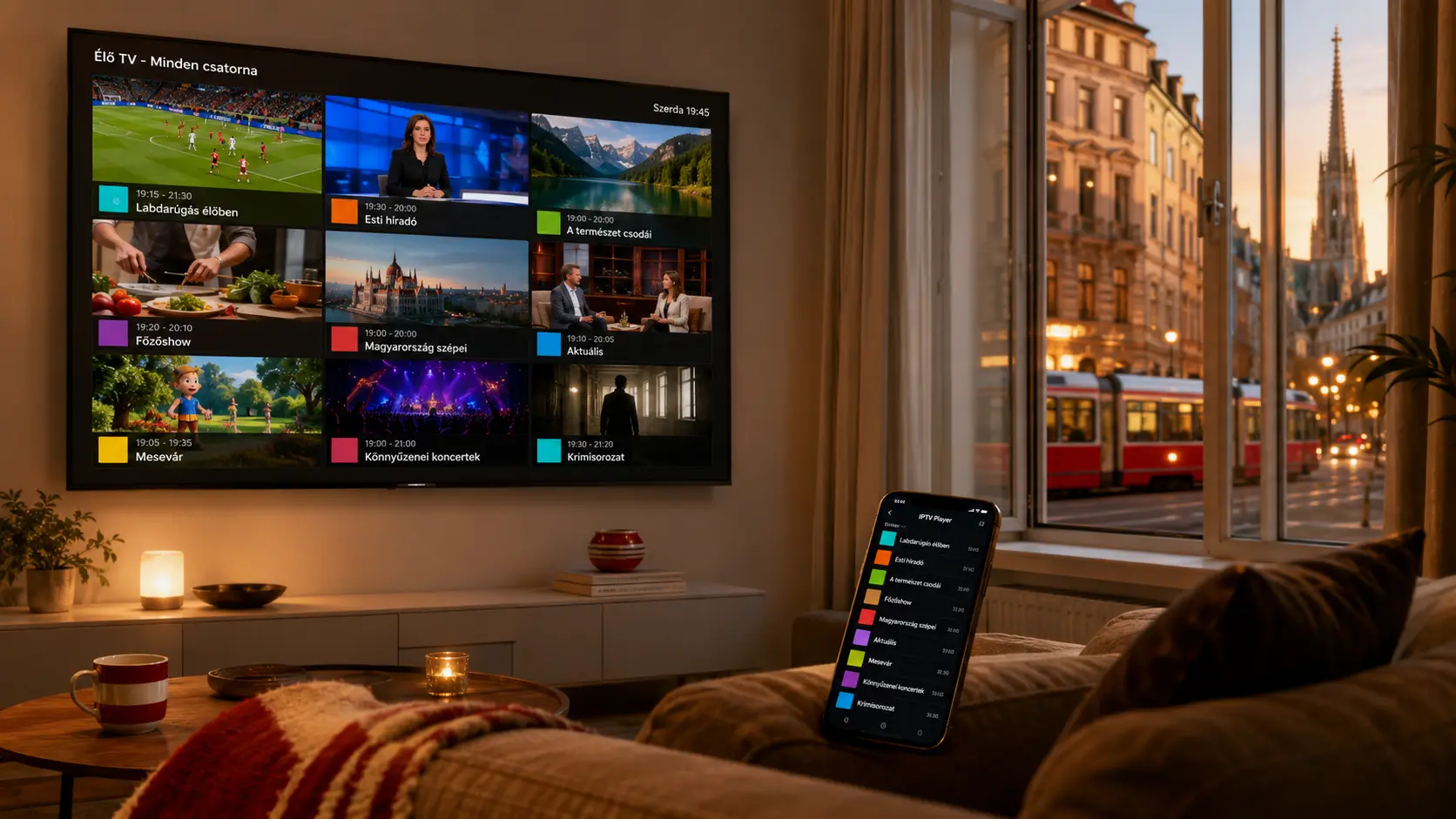 Hungarian TV in Austria 2026 – Viennese Altbau living room with a Smart TV showing a live Hungarian channel grid, smartphone with an IPTV app, a red Vienna tram and St. Stephen's Cathedral in the evening light through the window