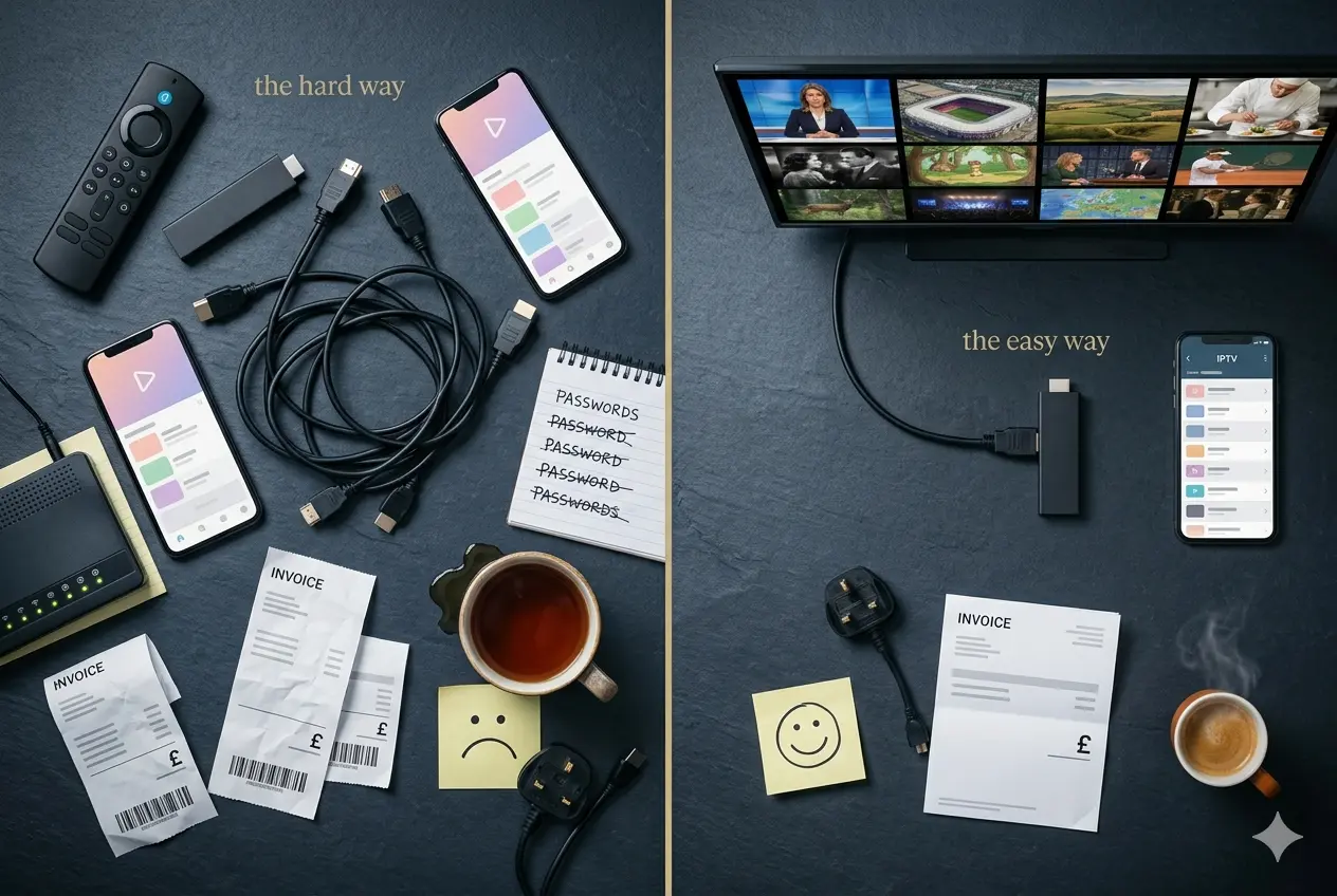 Hungarian online TV UK comparison – left side "the hard way" (tangled HDMI cables, multiple phones with different streaming apps, crumpled GBP invoices, password chaos notebook, sad sticky note) vs right side "the easy way" (one Fire TV Stick, one Smart TV with Hungarian channel grid, one IPTV app, one neat invoice, smiley note) with UK 3-pin plug adapters