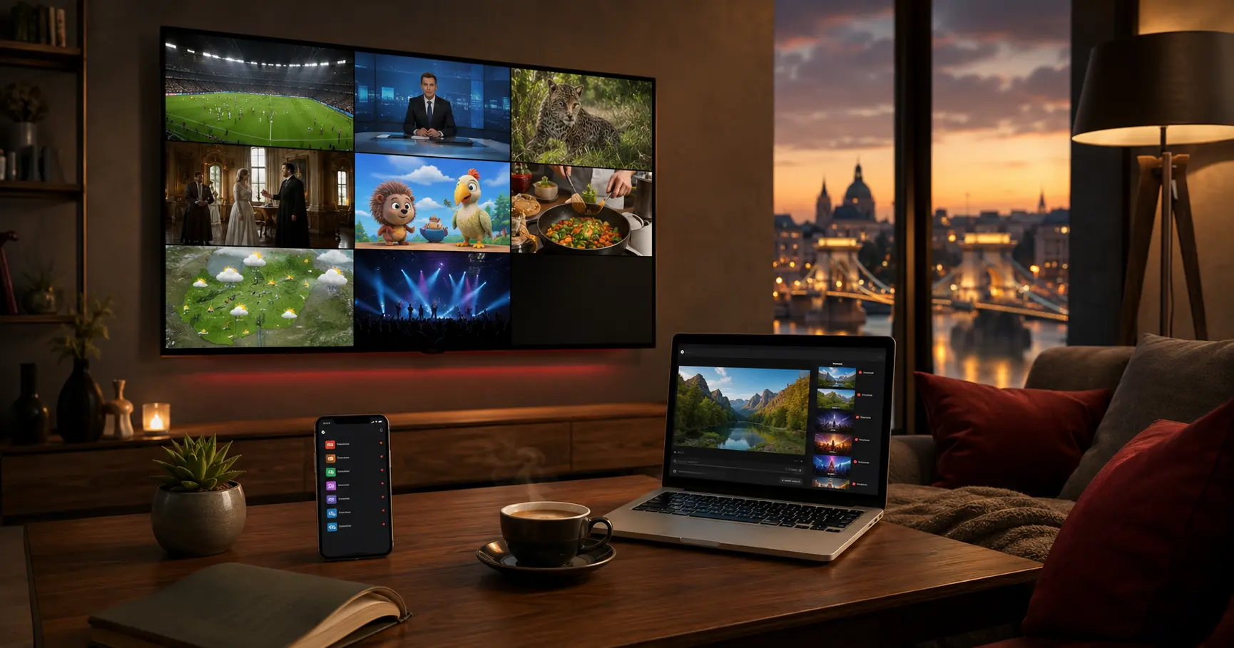 TV online Magyarországon 2026 — Smart TV, telefon és laptop egy budapesti nappaliban, ahol egyszerre fut a magyar csatornakínálat